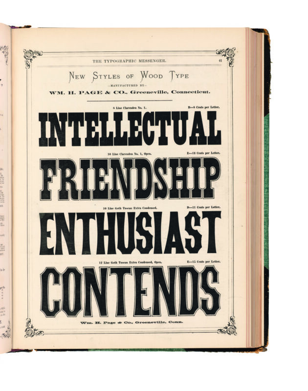 antique original wood type specimen catalog from wood type manufacturers in the 1800s featuring Clarendon No. 1 type