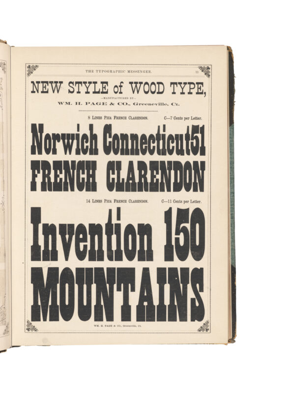 antique original wood type specimen catalog from wood type manufacturers in the 1800s featuring French Clarendon type