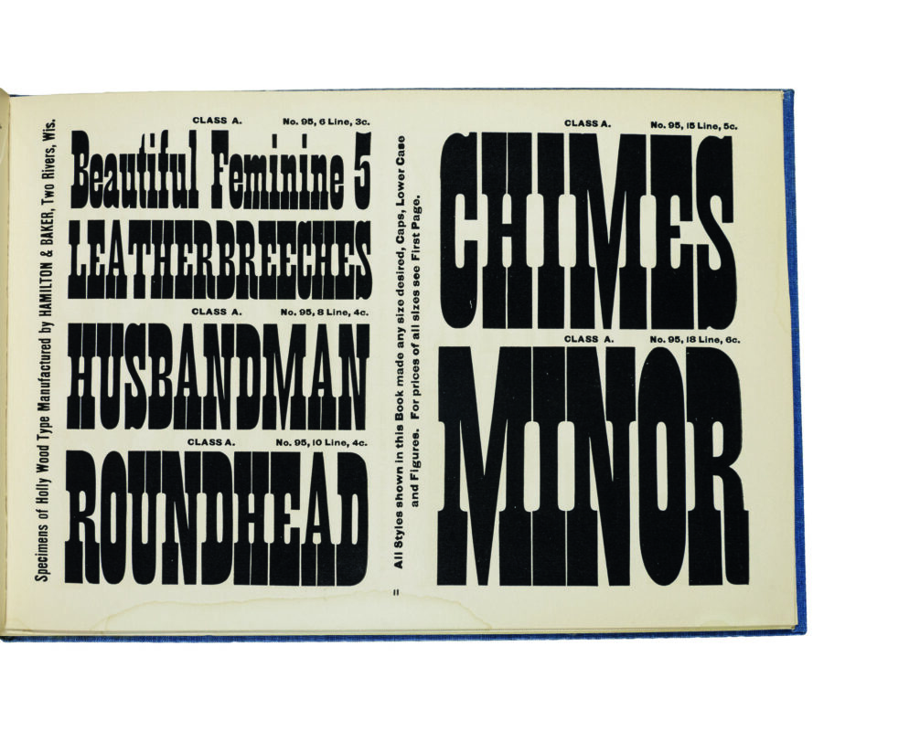 antique original wood type specimen catalog from wood type manufacturers in the 1800s featuring French Clarendon Condensed type