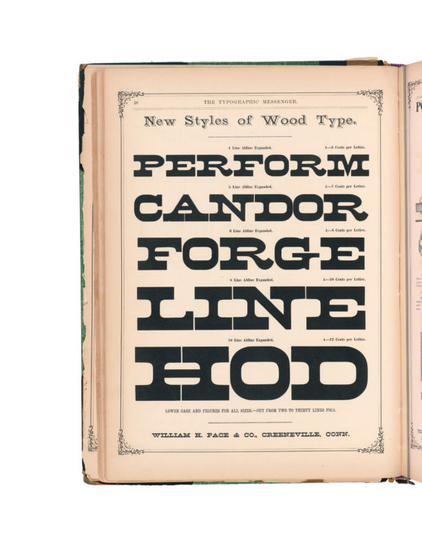antique original wood type specimen catalog from wood type manufacturers in the 1800s featuring Aldine Expanded type