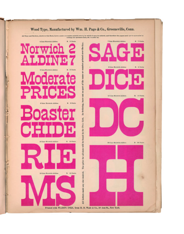 antique original wood type specimen catalog from wood type manufacturers in the 1800s featuring Norwich Aldine type