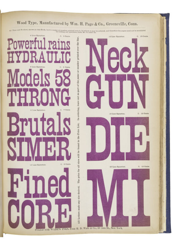 antique original wood type specimen catalog from wood type manufacturers in the 1800s featuring Egyptian type