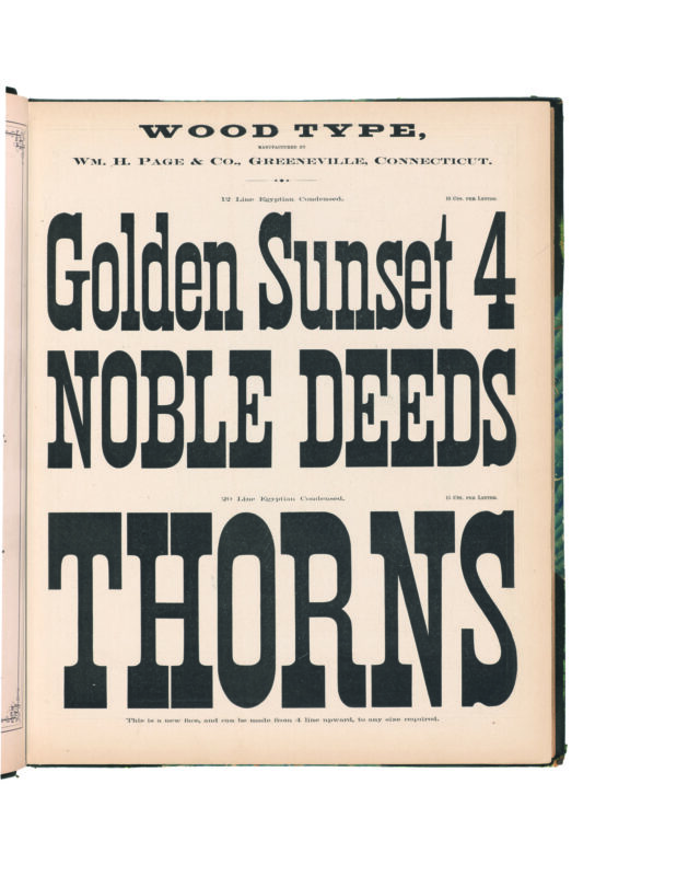 antique original wood type specimen catalog from wood type manufacturers in the 1800s featuring Egyptian Condensed type