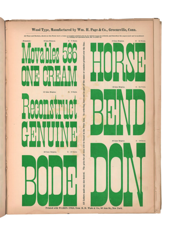 antique original wood type specimen catalog from wood type manufacturers in the 1800s featuring Belgian type