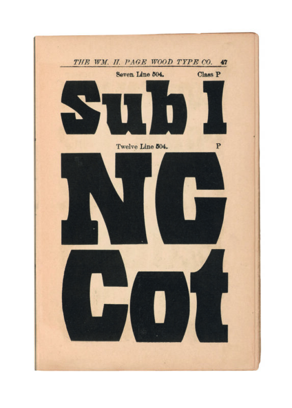 antique original wood type specimen catalog from wood type manufacturers in the 1800s featuring No. 504 type