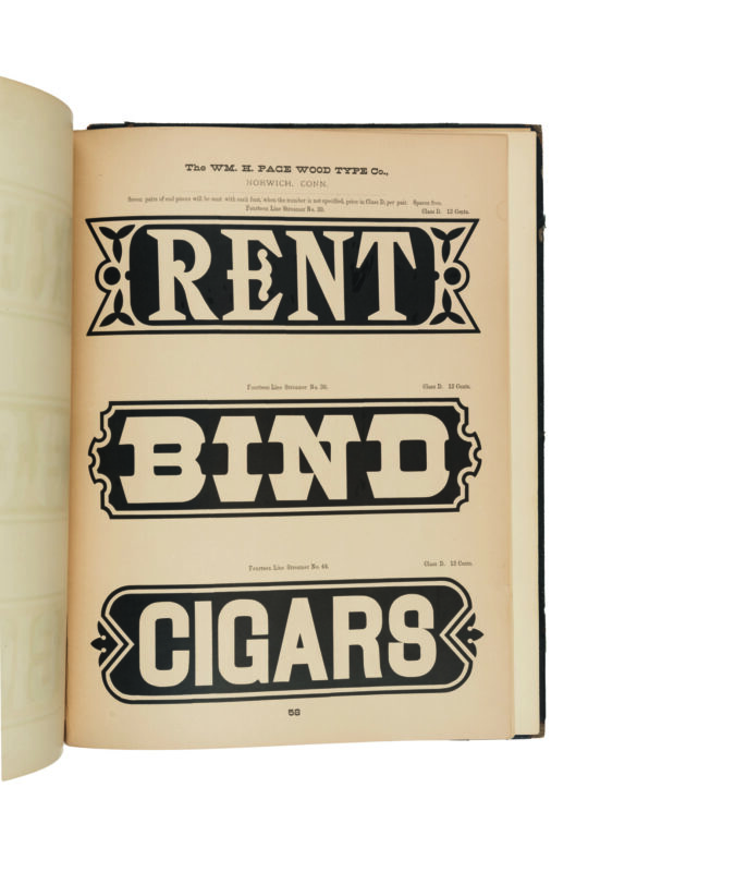 antique original wood type specimen catalog from wood type manufacturers in the 1800s featuring Streamer No. 36 type
