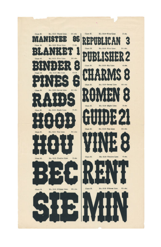 antique original wood type specimen catalog from wood type manufacturers in the 1800s featuring No. 515 type