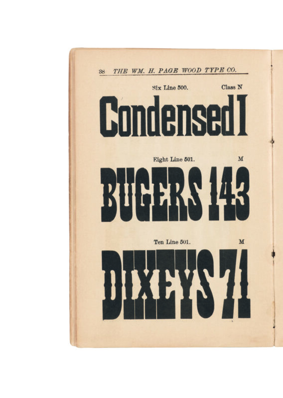 antique original wood type specimen catalog from wood type manufacturers in the 1800s featuring No. 501 type