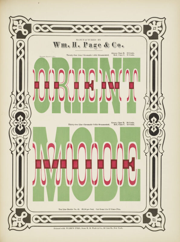 antique original wood type specimen catalog from wood type manufacturers in the 1800s featuring Celtic type