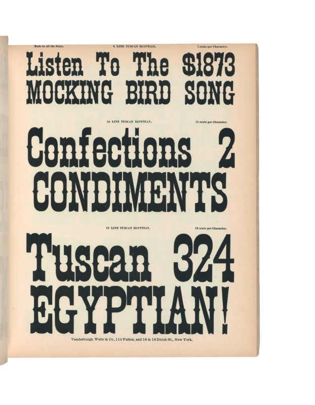 antique original wood type specimen catalog from wood type manufacturers in the 1800s featuring Tuscan Egyptian type