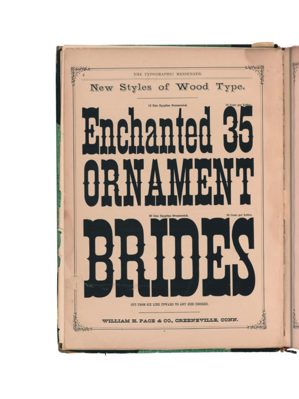 antique original wood type specimen catalog from wood type manufacturers in the 1800s featuring Egyptian Ornamented type