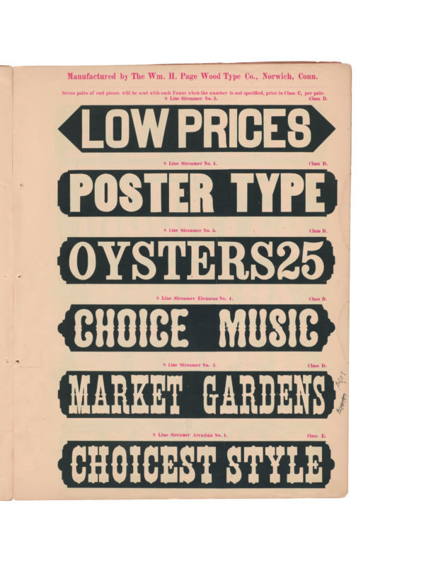 antique original wood type specimen catalog from wood type manufacturers in the 1800s featuring Streamer No. 2 type