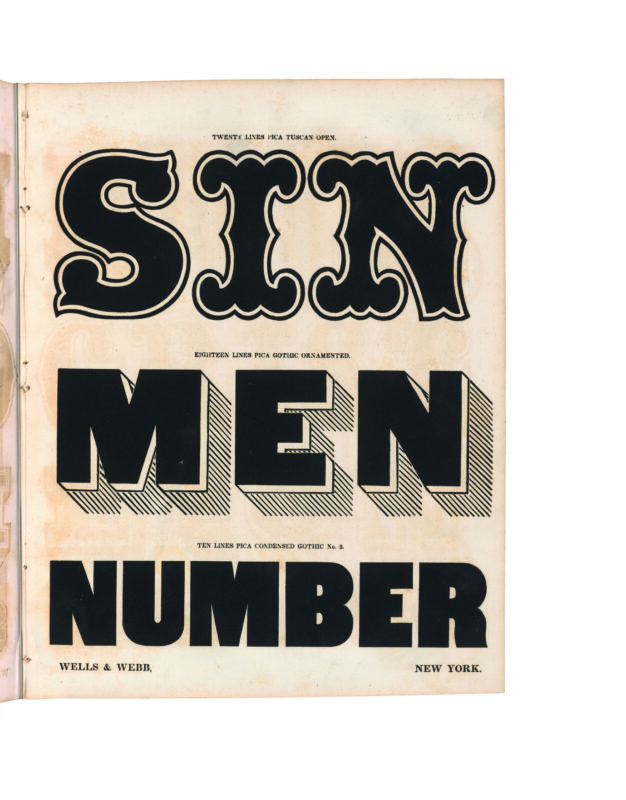 antique original wood type specimen catalog from wood type manufacturers in the 1800s featuring Tuscan Open type