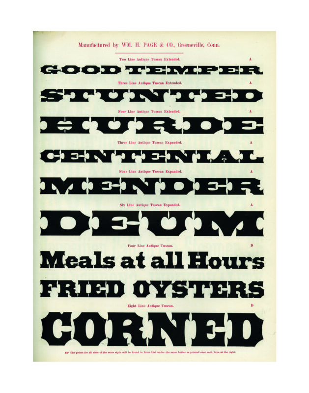 antique original wood type specimen catalog from wood type manufacturers in the 1800s featuring Antique Tuscan Extended type