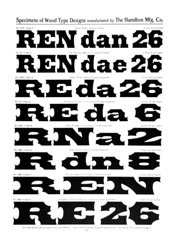 antique original wood type specimen catalog from wood type manufacturers in the 1800s featuring Antique Tuscan Expanded type