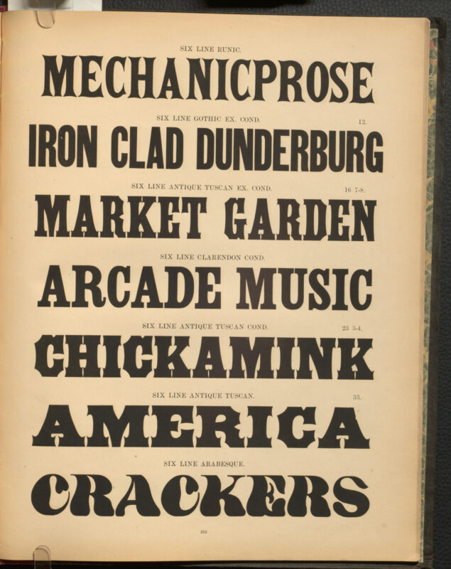 antique original wood type specimen catalog from wood type manufacturers in the 1800s featuring Antique Tuscan type