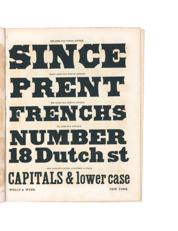 antique original wood type specimen catalog from wood type manufacturers in the 1800s featuring Antique Tuscan type