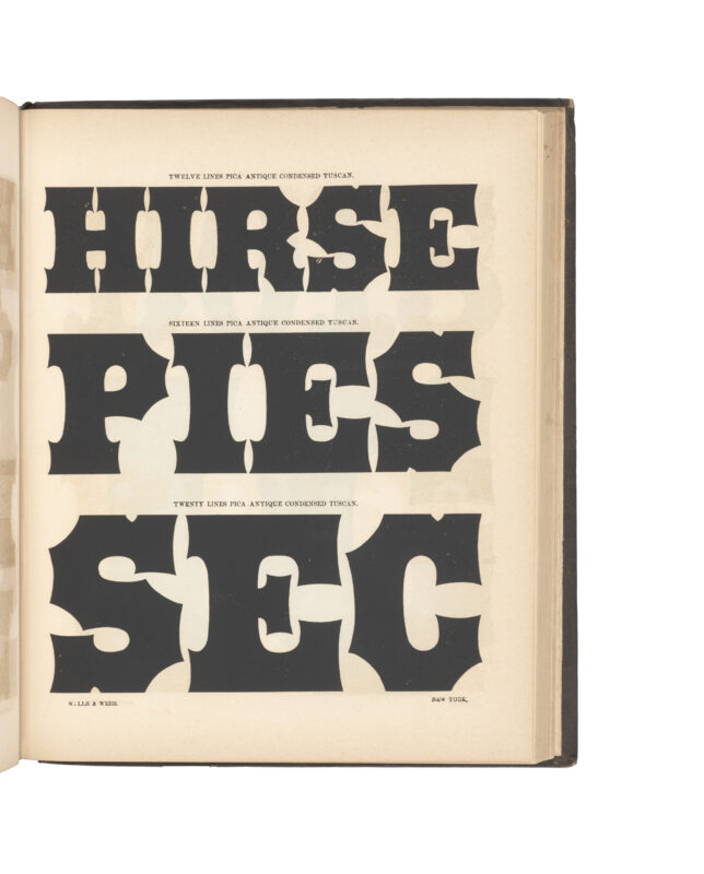 antique original wood type specimen catalog from wood type manufacturers in the 1800s featuring Antique Tuscan Condensed type