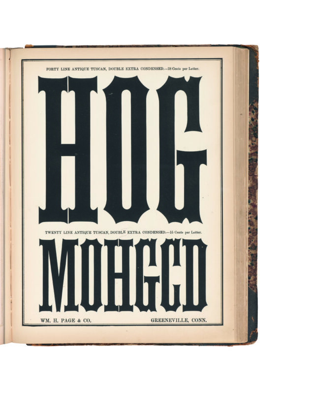 antique original wood type specimen catalog from wood type manufacturers in the 1800s featuring Antique Tuscan X Condensed type