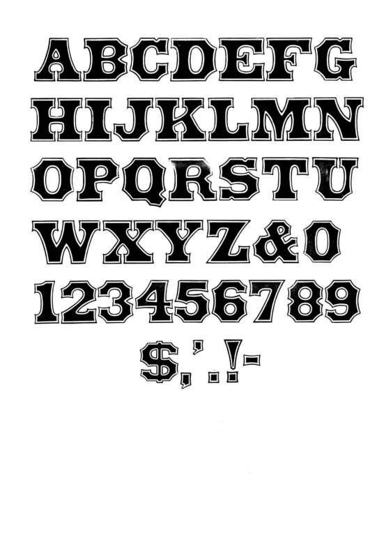 simple specimen of Antique Tuscan Outlined wood type from the Rob Roy Kelly collection, printed in the UT Design Lab