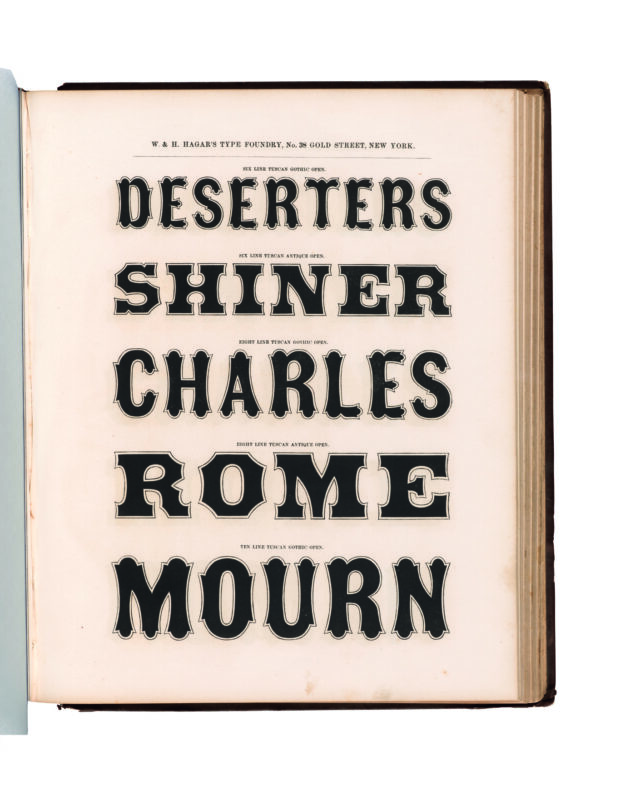 antique original wood type specimen catalog from wood type manufacturers in the 1800s featuring Antique Tuscan Open type