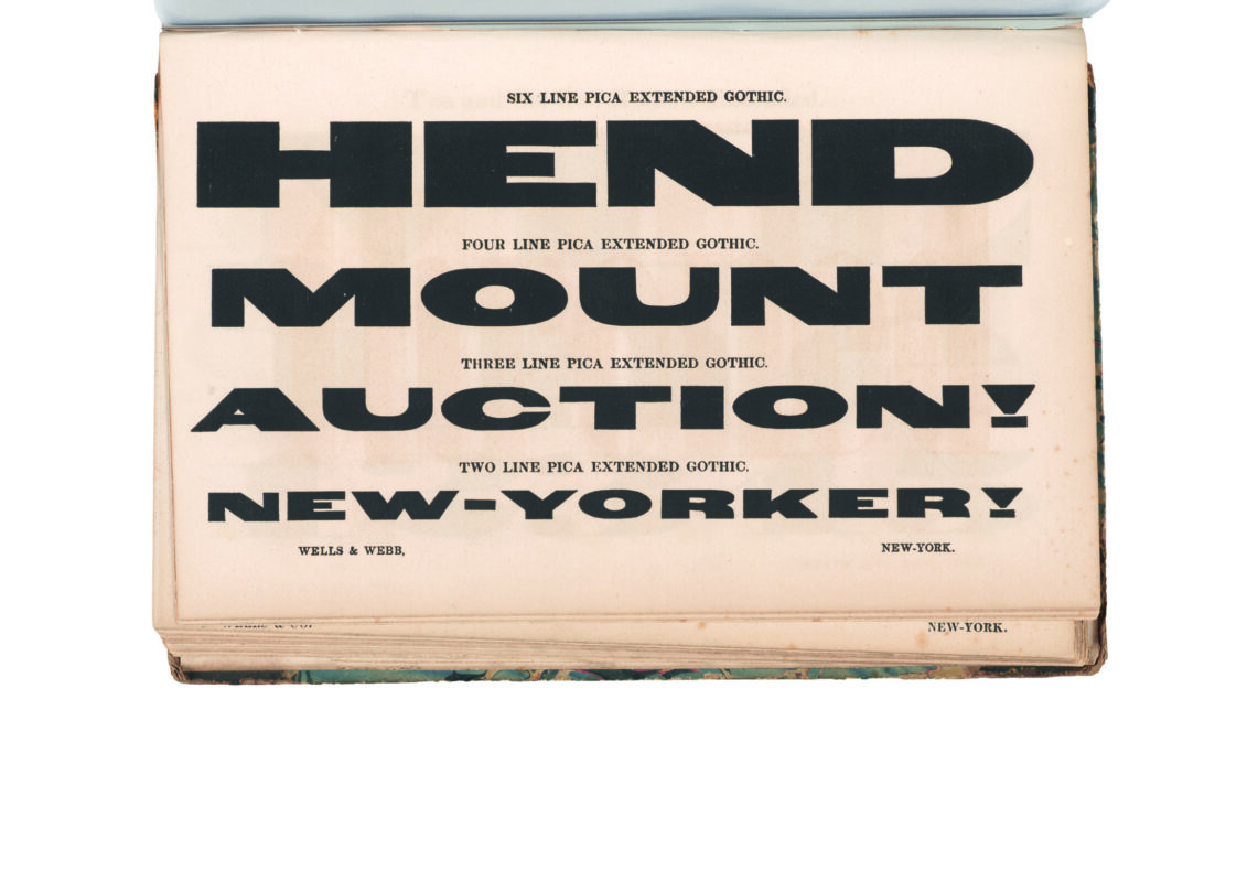 antique original wood type specimen catalog from wood type manufacturers in the 1800s featuring Gothic Extended type