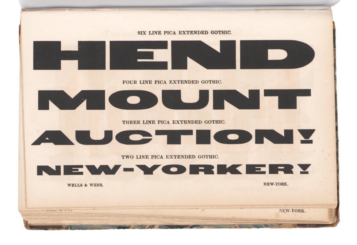 antique original wood type specimen catalog from wood type manufacturers in the 1800s featuring Gothic Extended type