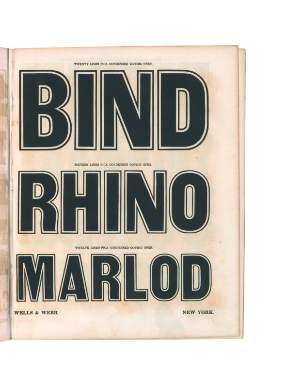 antique original wood type specimen catalog from wood type manufacturers in the 1800s featuring Gothic Condensed Outline type