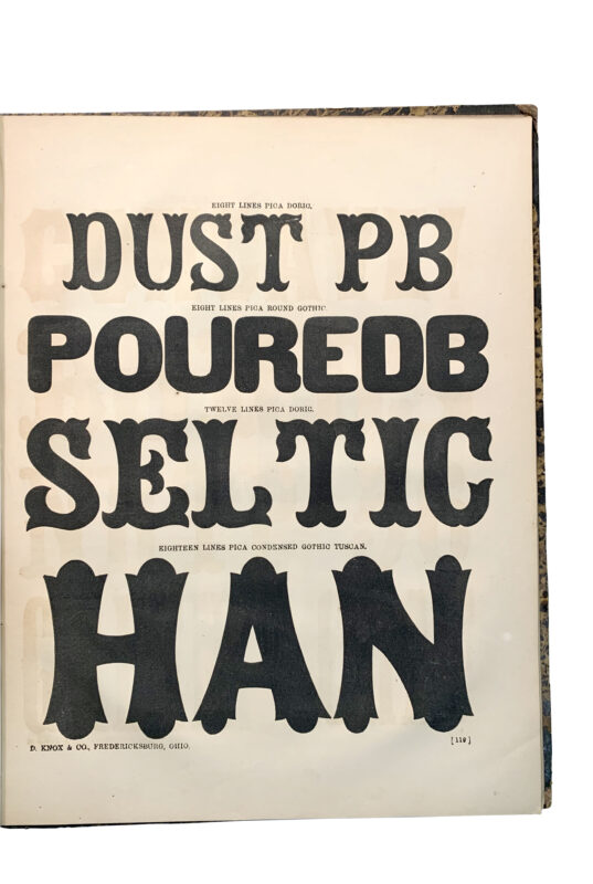 antique original wood type specimen catalog from wood type manufacturers in the 1800s featuring Gothic Round type