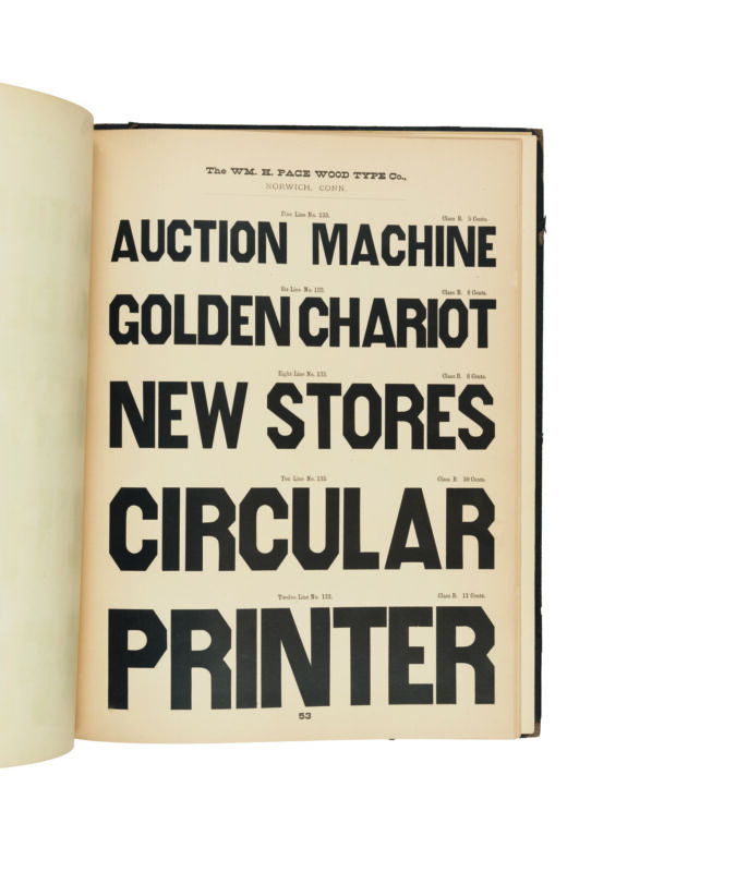 antique original wood type specimen catalog from wood type manufacturers in the 1800s featuring Ancient Gothic type