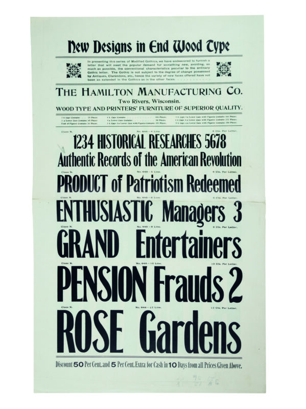 antique original wood type specimen catalog from wood type manufacturers in the 1800s featuring Modified Gothic XX Condensed type
