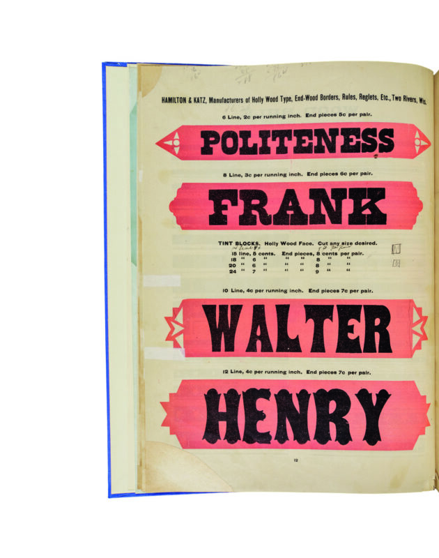 antique original wood type specimen catalog from wood type manufacturers in the 1800s featuring Gothic Tuscan No. 5 Reversed type