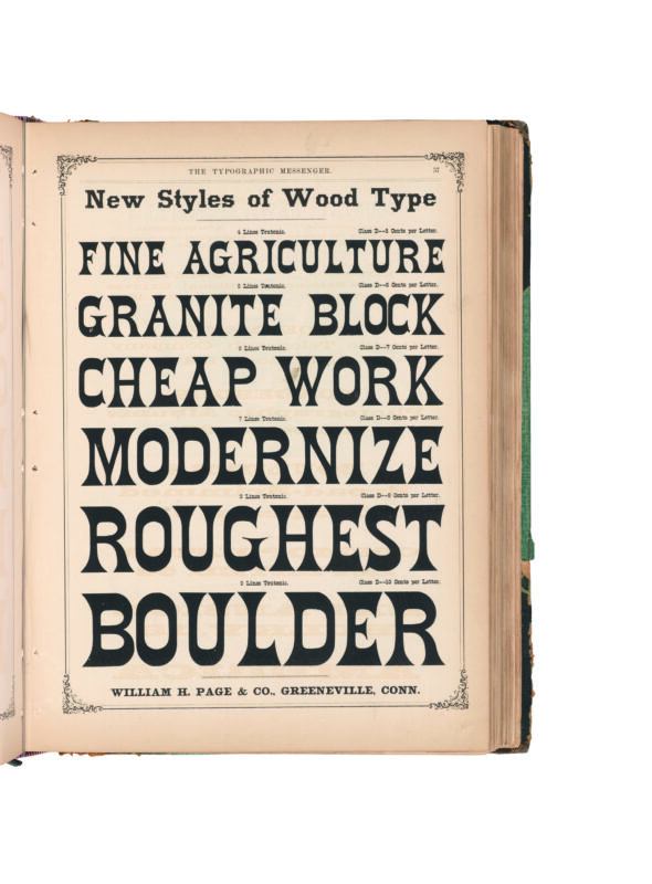 antique original wood type specimen catalog from wood type manufacturers in the 1800s featuring Teutonic type