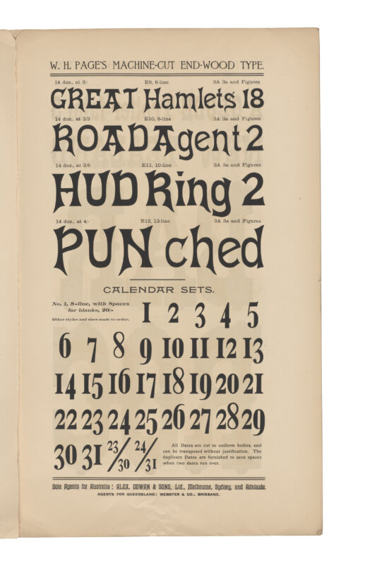 antique original wood type specimen catalog from wood type manufacturers in the 1800s featuring Artistic type