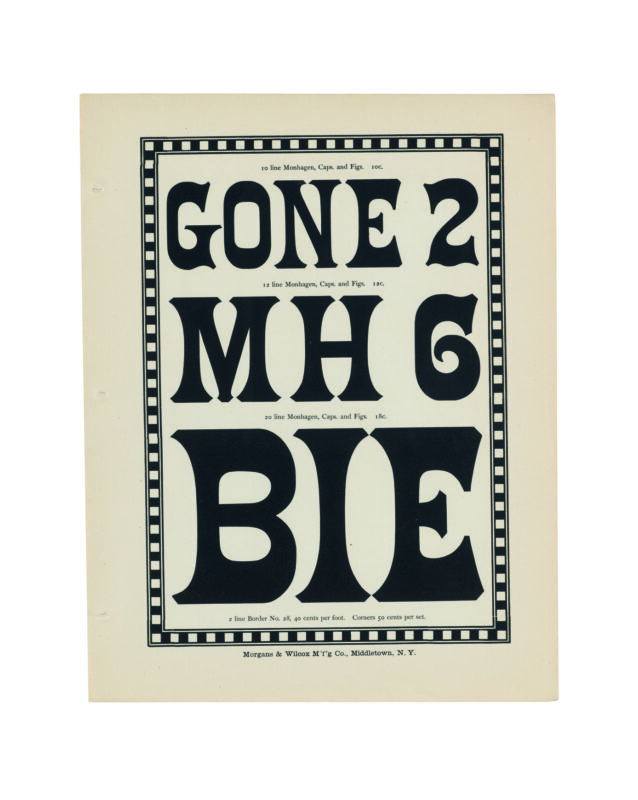 antique original wood type specimen catalog from wood type manufacturers in the 1800s featuring Monhagen type