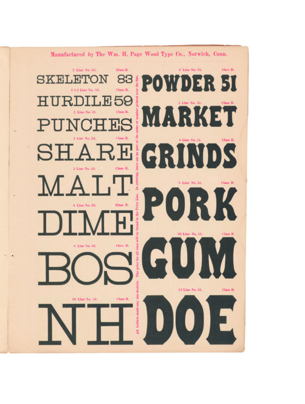 antique original wood type specimen catalog from wood type manufacturers in the 1800s featuring No. 51 type