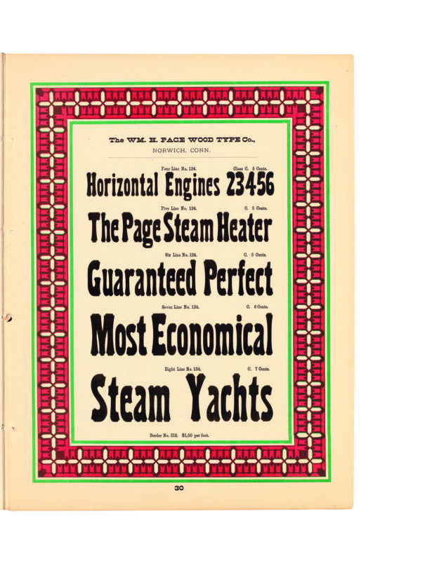antique original wood type specimen catalog from wood type manufacturers in the 1800s featuring No. 124 type