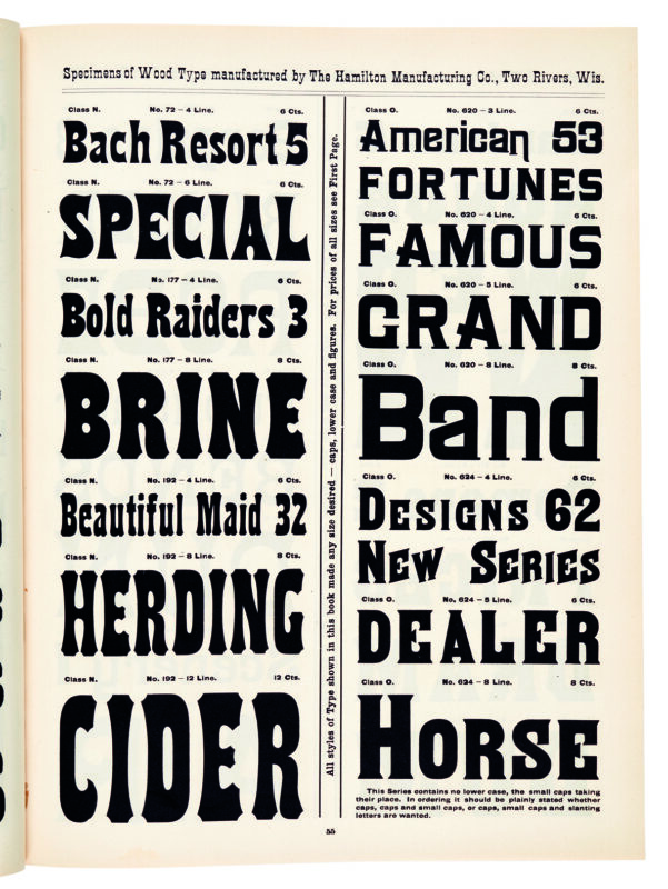 antique original wood type specimen catalog from wood type manufacturers in the 1800s featuring No. 624 type