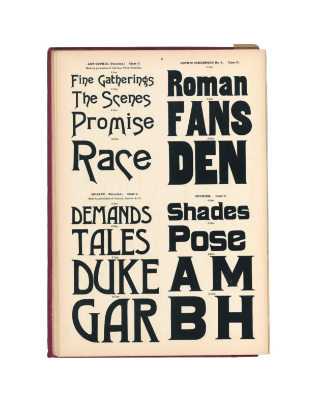 antique original wood type specimen catalog from wood type manufacturers in the 1800s featuring Courier type