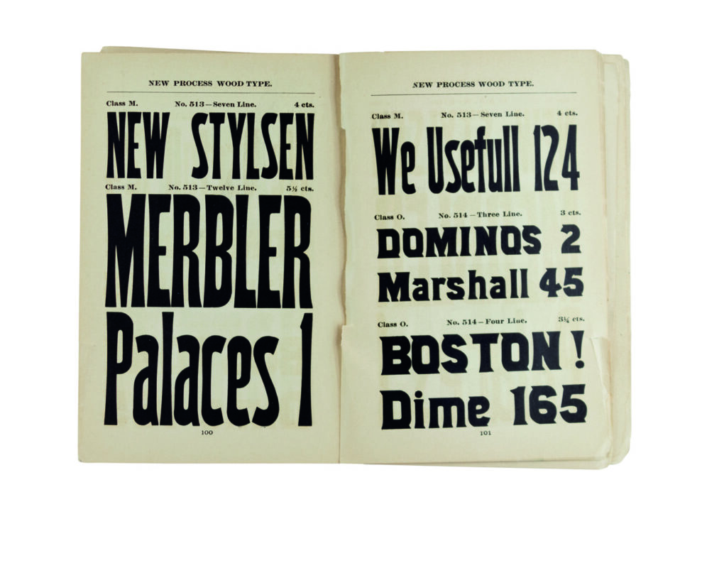 antique original wood type specimen catalog from wood type manufacturers in the 1800s featuring No. 514 type