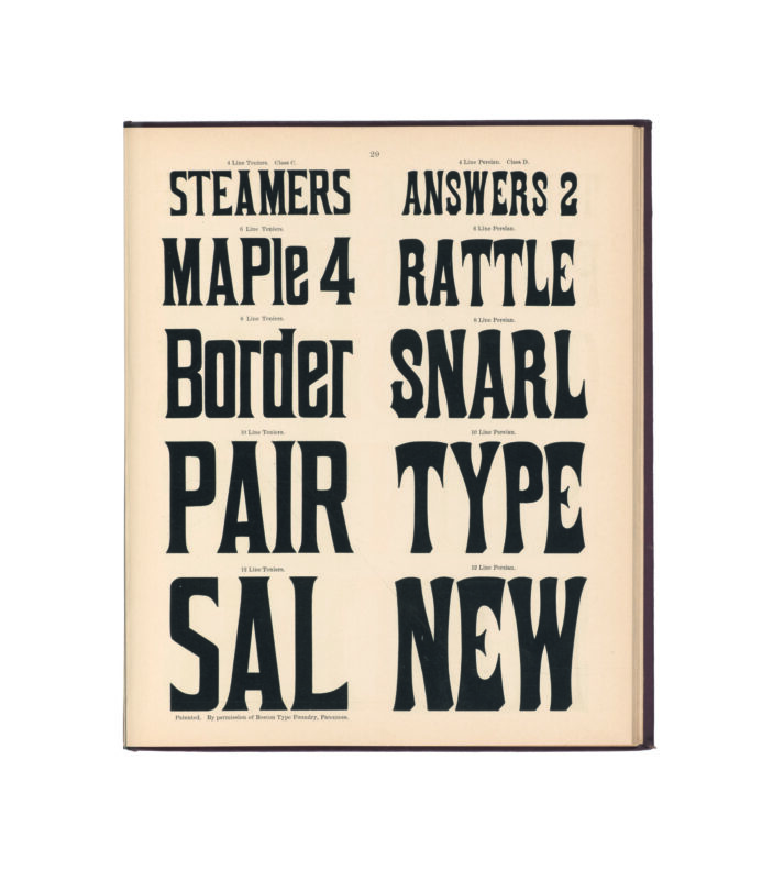 antique original wood type specimen catalog from wood type manufacturers in the 1800s featuring Teniers type