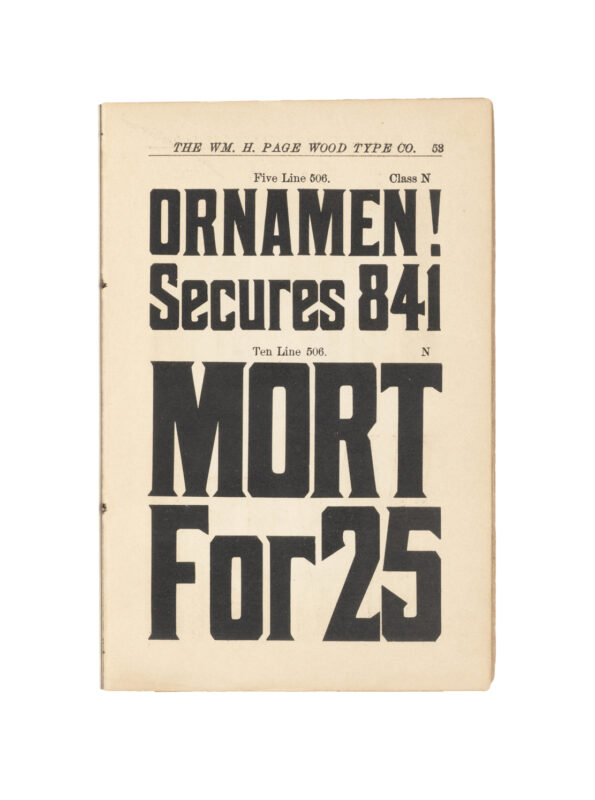 antique original wood type specimen catalog from wood type manufacturers in the 1800s featuring No. 506 type