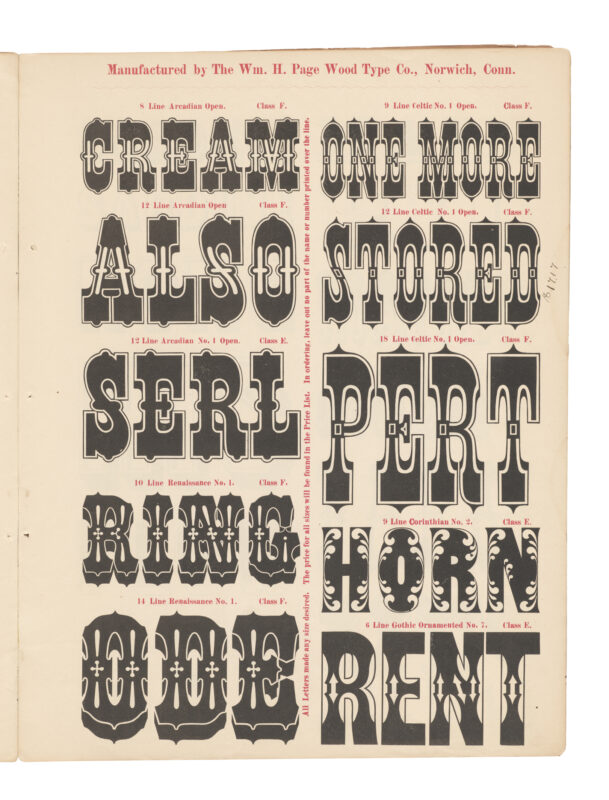 antique original wood type specimen catalog from wood type manufacturers in the 1800s featuring Corinthian No 2 type