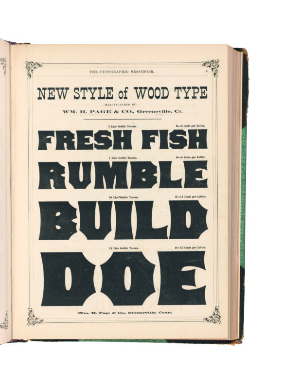 antique original wood type specimen catalog from wood type manufacturers in the 1800s featuring Gothic Tuscan type