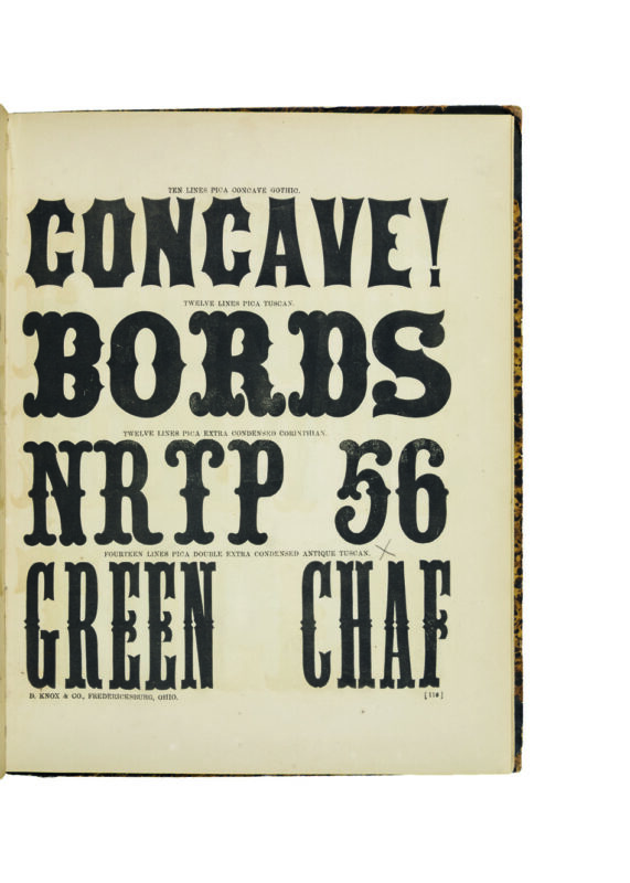 antique original wood type specimen catalog from wood type manufacturers in the 1800s featuring Gothic Tuscan Condensed No. 1 type