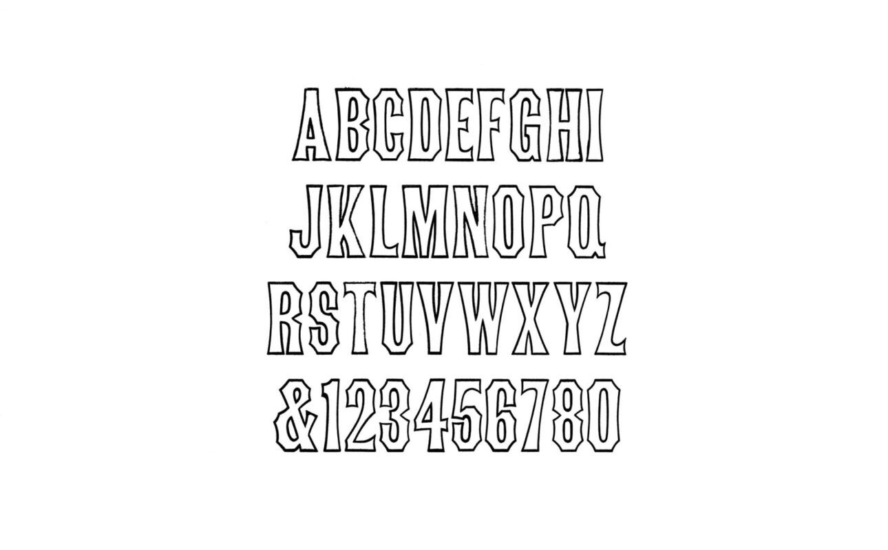 simple specimen of Concave Tuscan X Condensed Outline Wood type from the Rob Roy Kelly collection, printed in the UT Design Lab