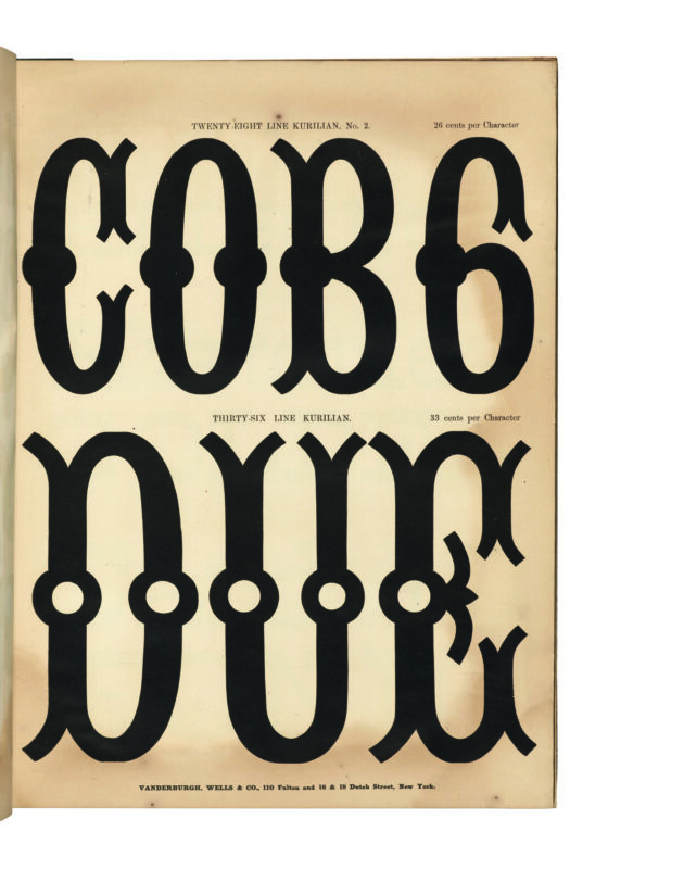 antique original wood type specimen catalog from wood type manufacturers in the 1800s featuring Kurilian No. 2 type