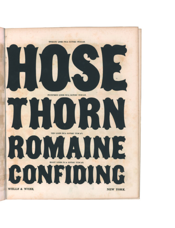 antique original wood type specimen catalog from wood type manufacturers in the 1800s featuring Gothic Tuscan Condensed type