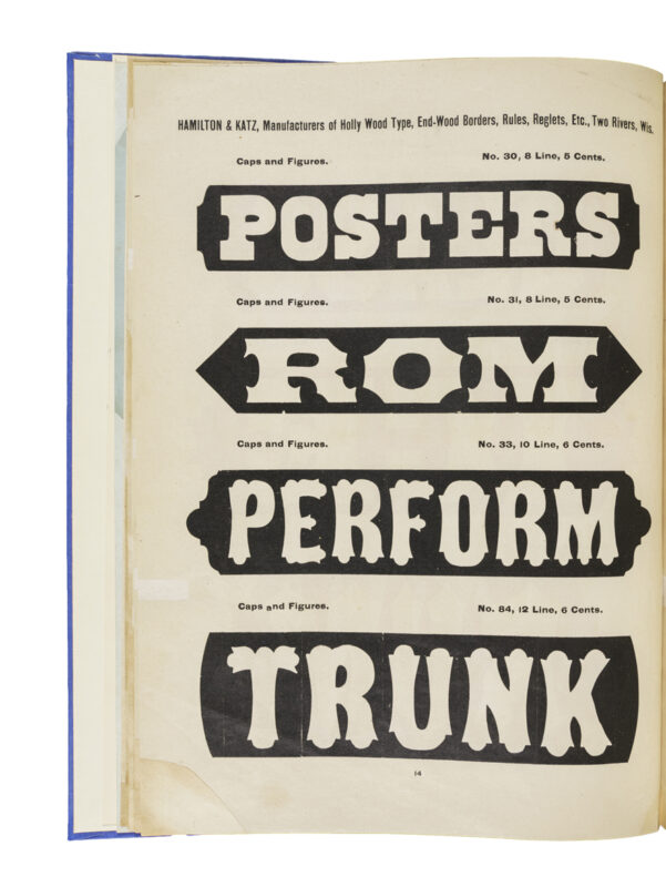 antique original wood type specimen catalog from wood type manufacturers in the 1800s featuring Gothic Tuscan Condensed Reversed type