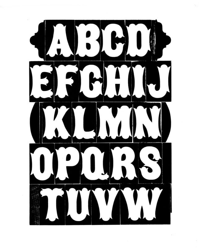 simple specimen of Gothic Tuscan Condensed Reversed wood type from the Rob Roy Kelly collection, printed in the UT Design Lab